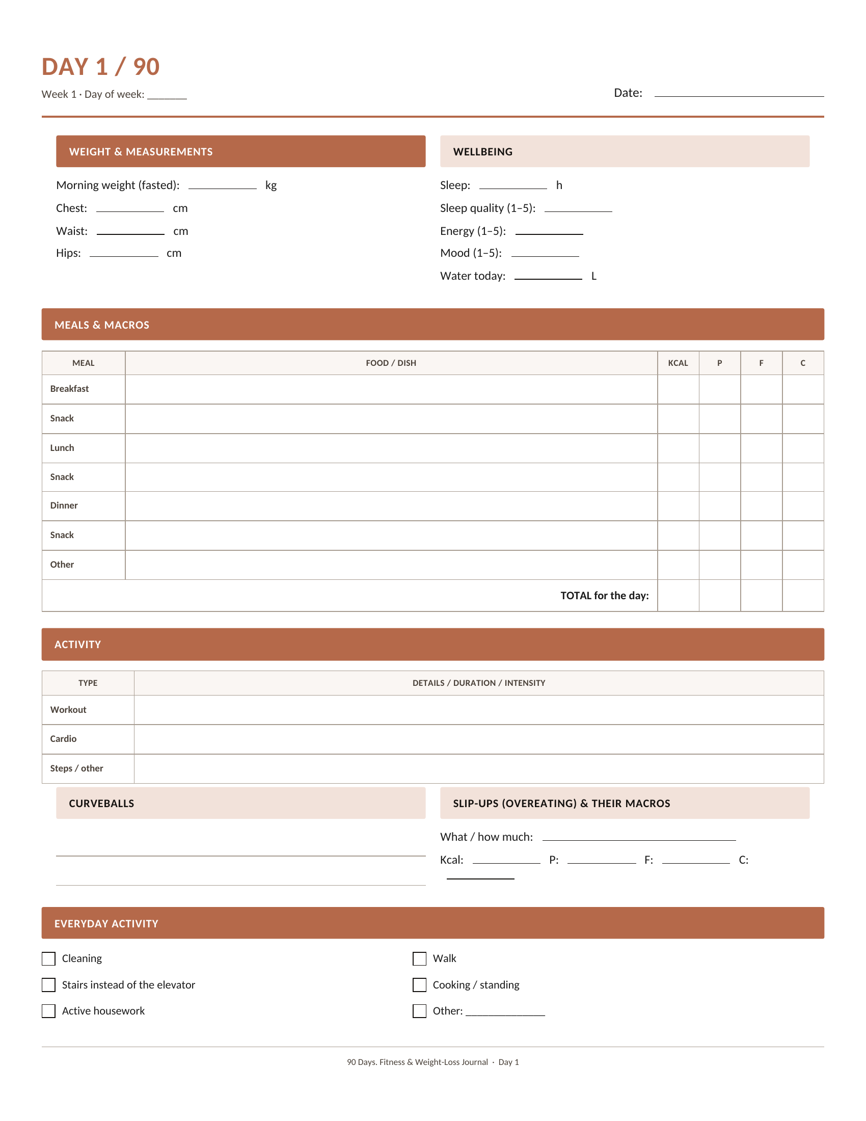 A blank daily tracking page